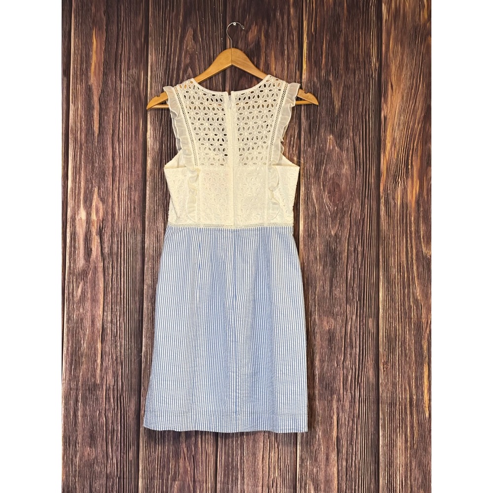 Lilly Pulitzer Blue White Seersucker Eyelet Lace Ruffle Shift Dress Size 4 - Picture 5 of 16